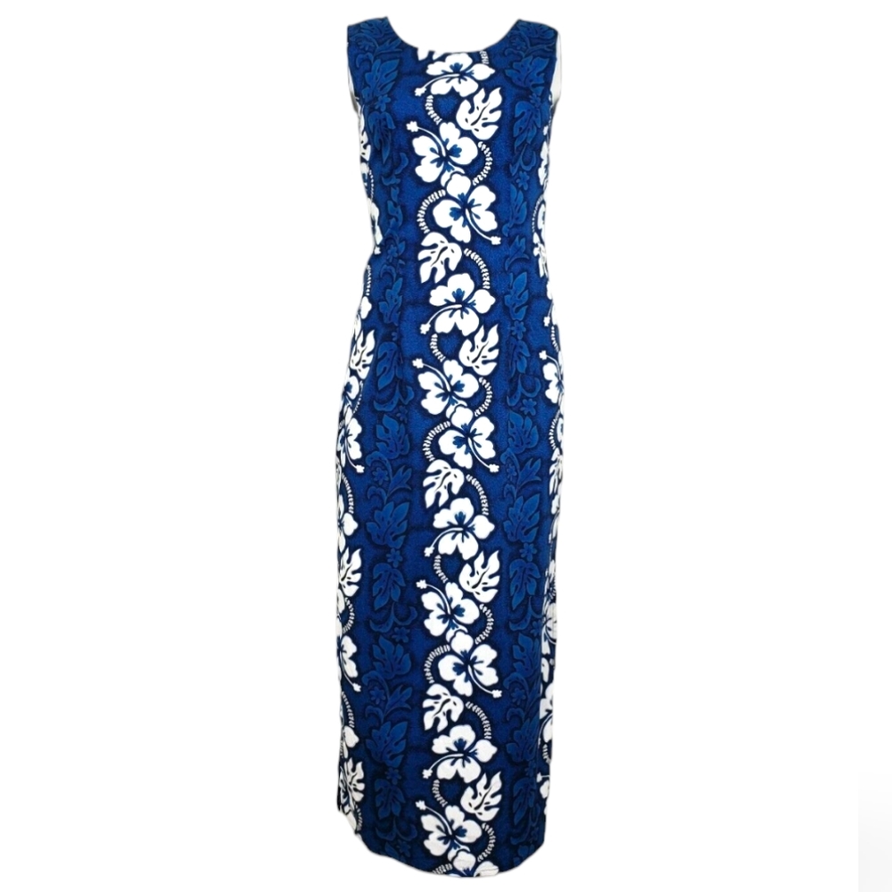 KY's Hawiian Hibiscus Flower Print Long Tank Dress Blue White Size S